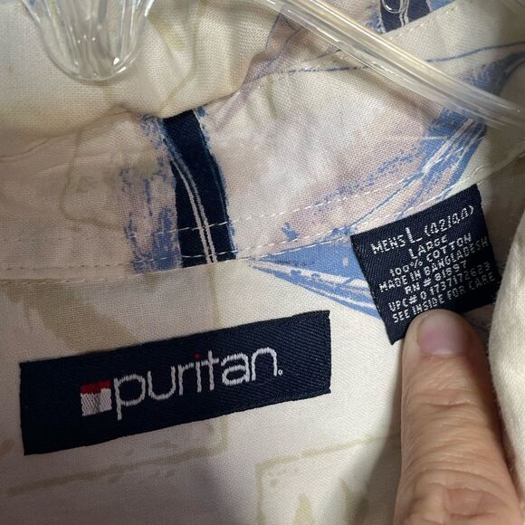 5 for $25🔥Puritan Sailboat Print Cream Button Front Shirt Large (42/44) - Picture 4 of 5